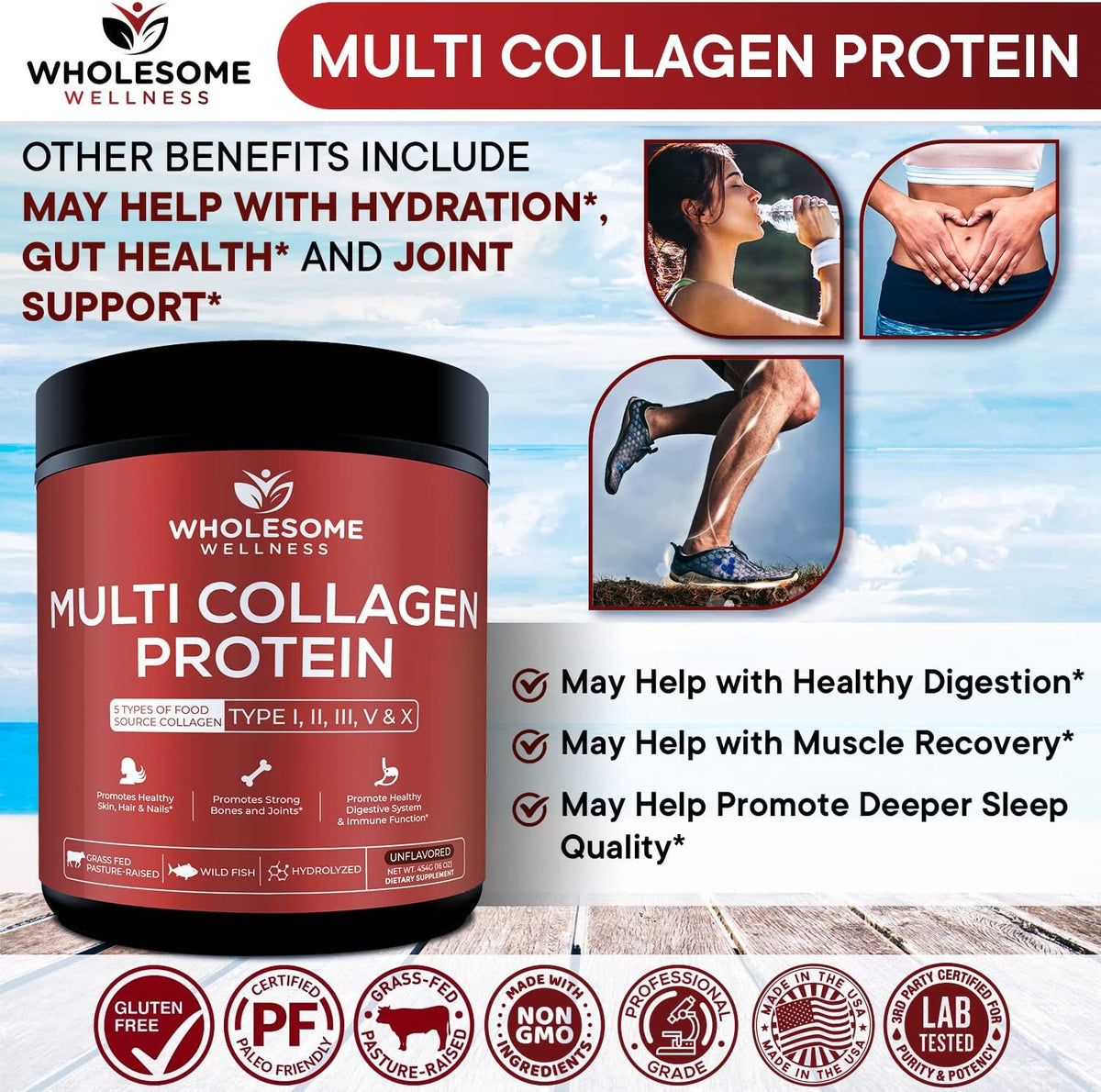 Wholesome Wellness Probiotics for Women 100 Billion CFUs with Prebiotics, Digestive Enzymes + Multi Collagen Protein Powder Hydrolyzed (Type I II III V X) Bundle