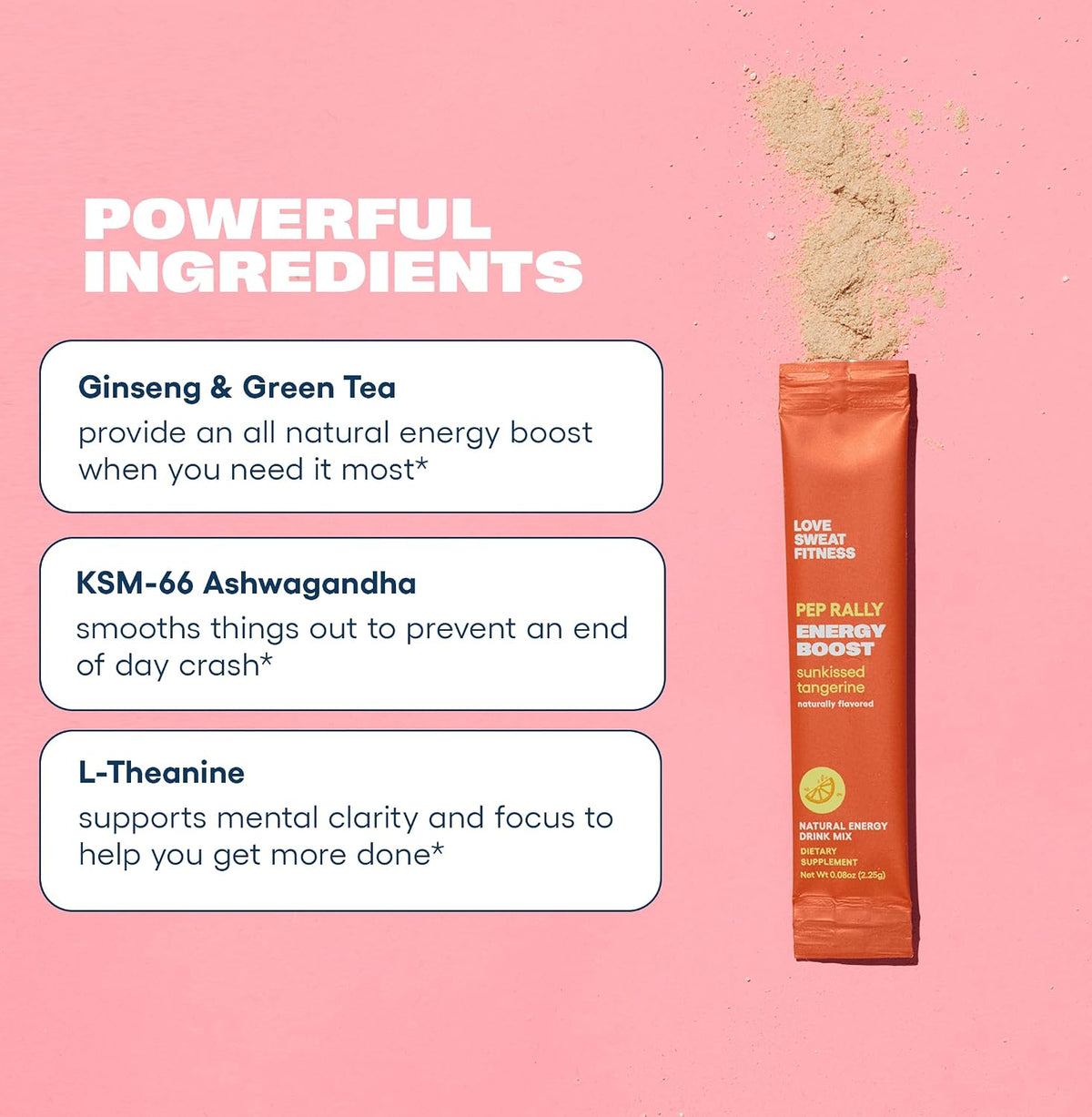 Love Sweat Fitness Clean Energy Drink Mix for Women | 100mg Natural Caffeine from Green Tea + Ginseng | No Jitters, No Crash | Pep Rally Tangerine | Vegan, Non-GMO | 15 Servings