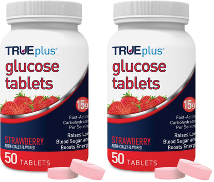 TRUEplus Glucose Tablets, Chewable, Strawberry Flavor, 15g Fast-Acting Carbohydrates, Fat Free, Gluten Free, Boost Energy, 50 Count (Pack of 2)