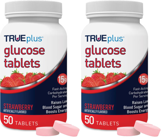 TRUEplus Glucose Tablets, Chewable, Strawberry Flavor, 15g Fast-Acting Carbohydrates, Fat Free, Gluten Free, Boost Energy, 50 Count (Pack of 2)