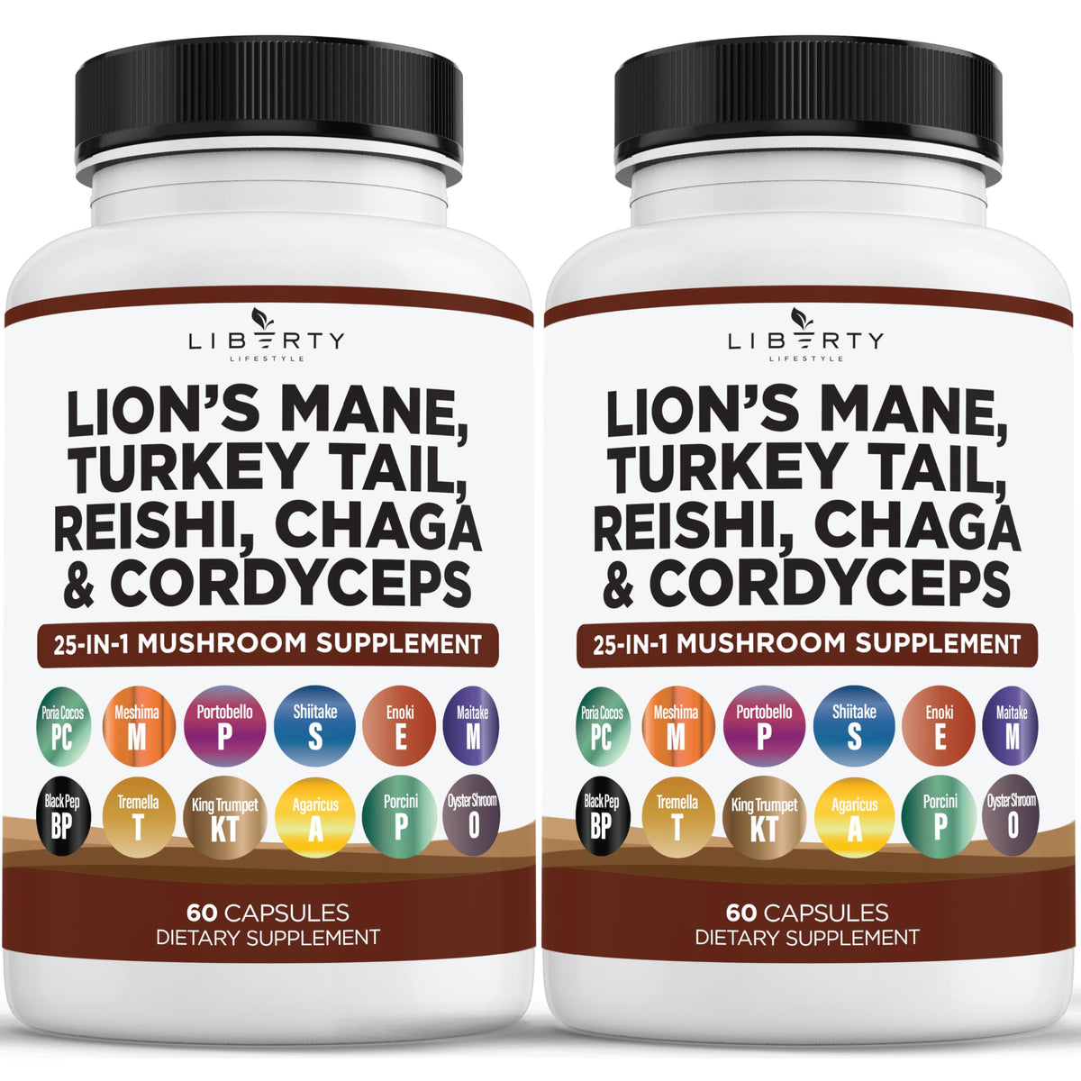 Liberty Lifestyle Lions Mane Mushroom Supplement with Turkey Tail Reishi Cordyceps Chaga with Marshmallow Root - 2-Pack