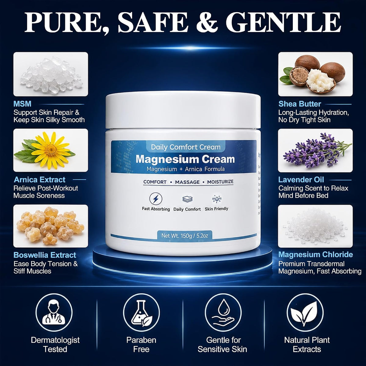 Magnesium & Arnica Body Cream with MSM, Boswellia Extract, Lavender Oil & Raw Shea Butter | Fast Absorbing Topical Magnesium Chloride Lotion for Muscle Joint Discomfort Relief