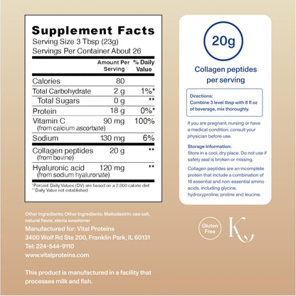 Vital Proteins Collagen Peptides Advanced, Hydrolyzed Peptides with Hyaluronic Acid and Vitamin C - Vanilla Flavor Powder, 21oz