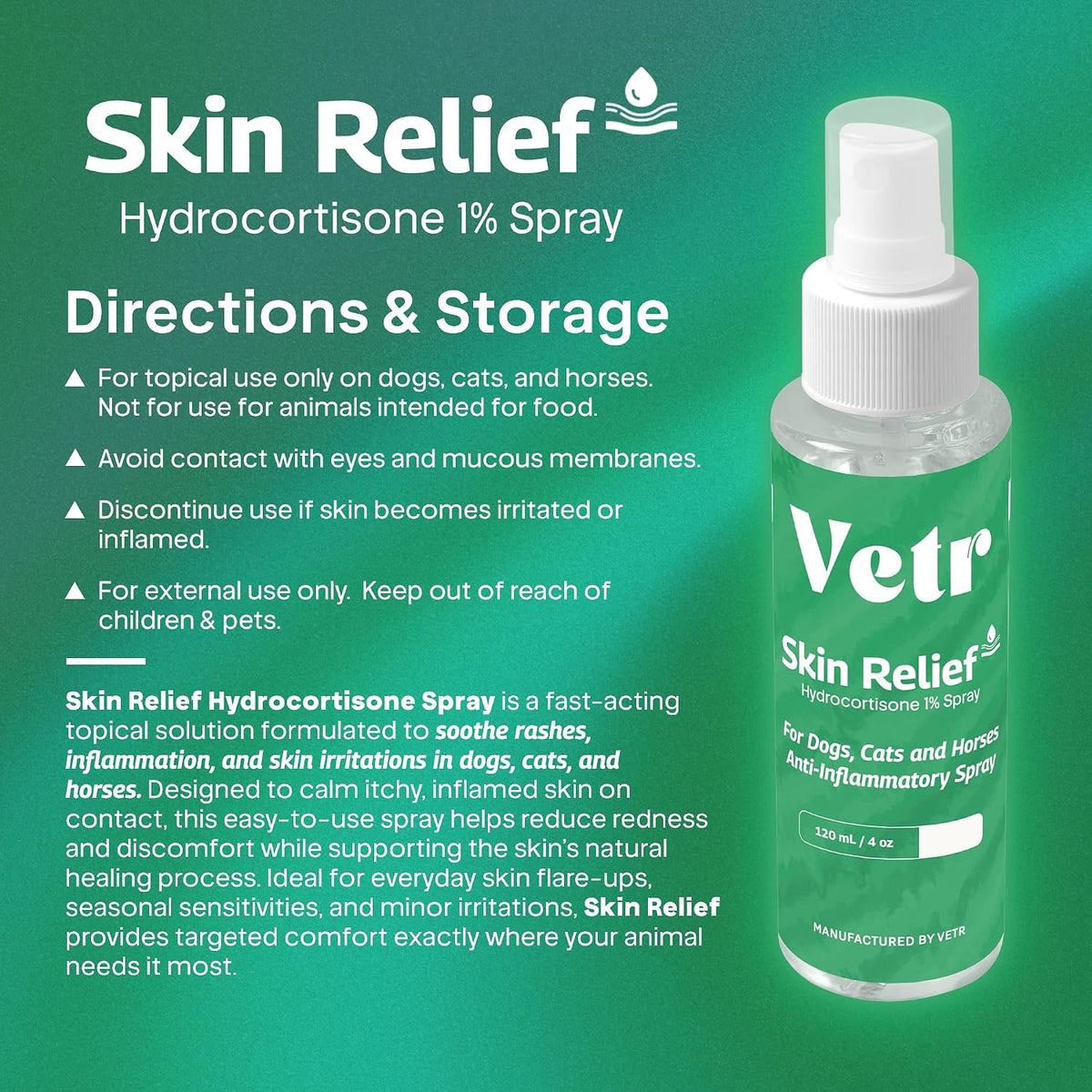 vetr Skin Relief Hydrocortisone Spray for Dogs - Topical Support for Itchy Skin and Hot Spots - 4 oz (120mL) - Vet-Formulated in USA