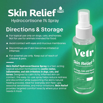 vetr Skin Relief Hydrocortisone Spray for Dogs - Topical Support for Itchy Skin and Hot Spots - 4 oz (120mL) - Vet-Formulated in USA