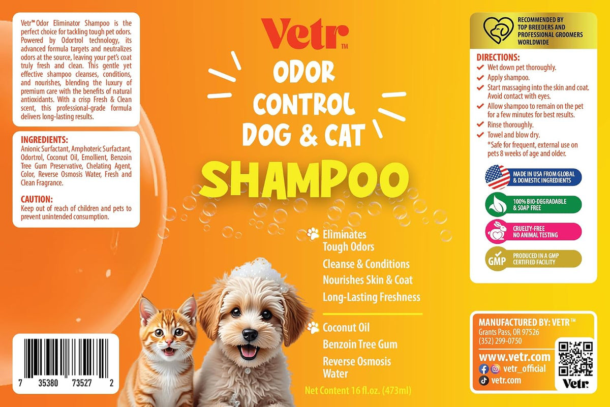 Vetr Pet Odor Eliminator Pet Shampoo, 16 oz - Fresh & Clean Scent, All Natural, Nourishes Skin & Coat