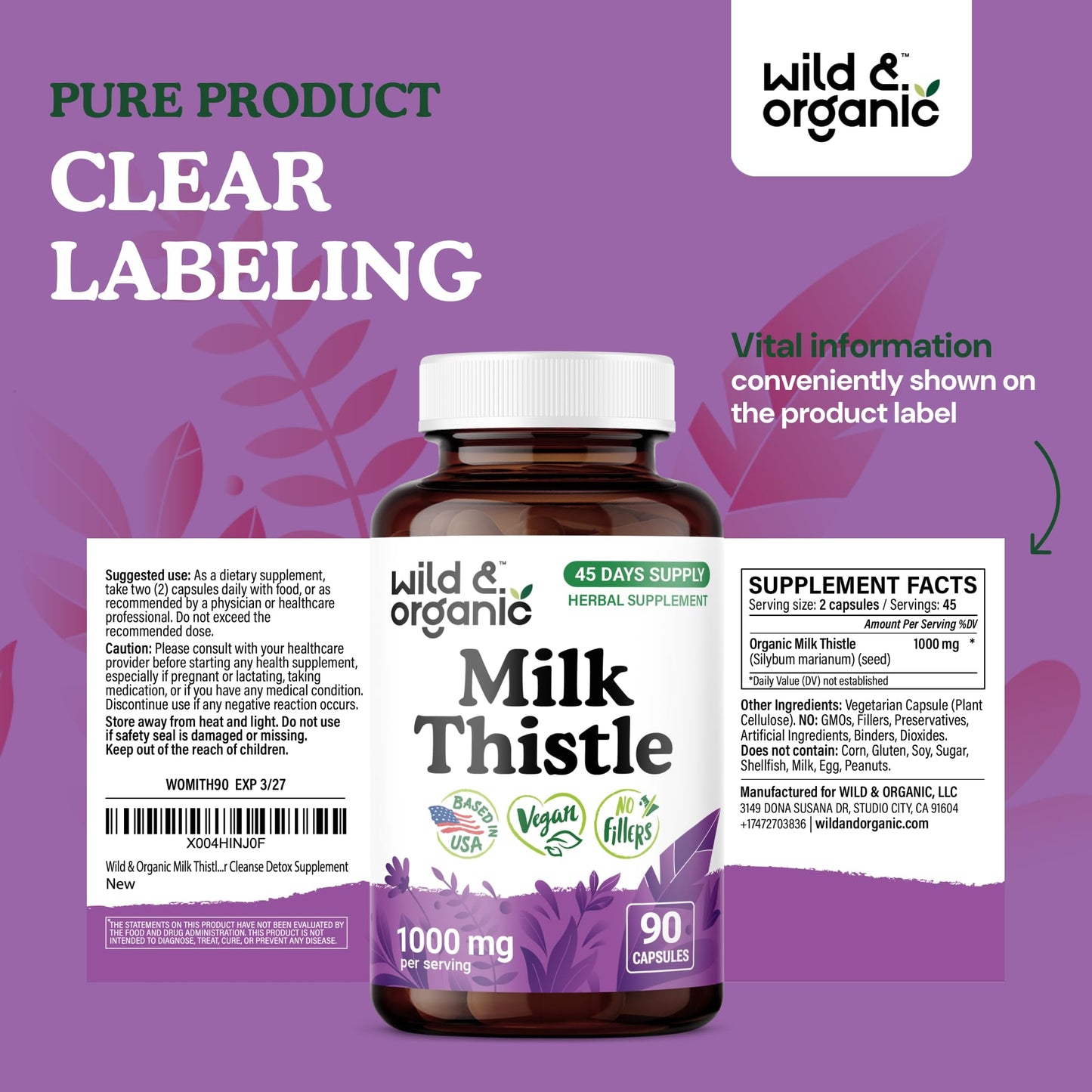Wild & Organic Milk Thistle Capsules 1000mg - Liver Detox Supplements - Silymarin Milk Thistle Powder for Liver Cleanse - 90 Vegan Capsules - 45-Days Supply - No Fillers, Non-GMO