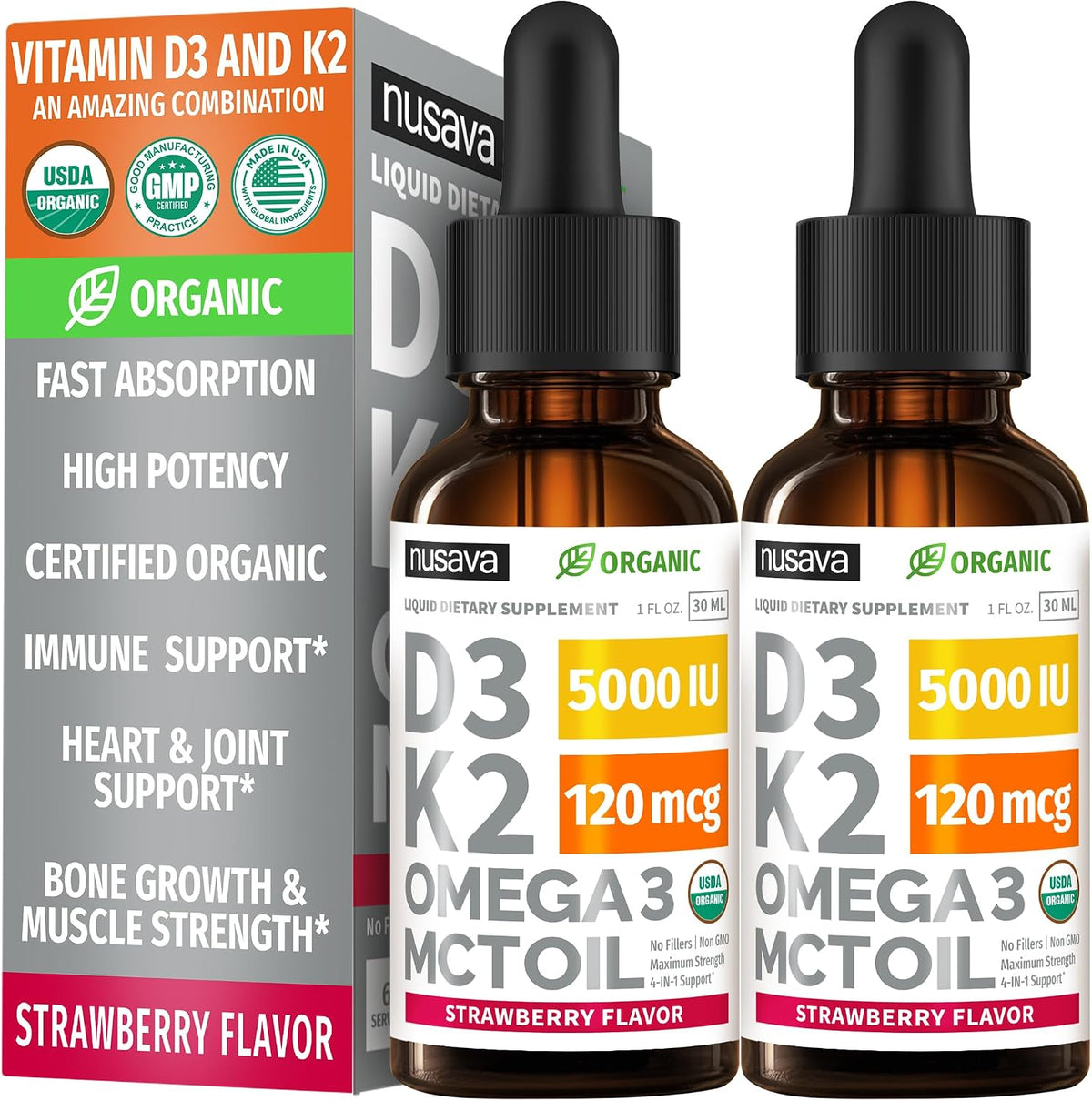 NUSAVA Unflavored D3 K2, Strawberry Flavored D3 K2 & Vitamin B12 Liquid Drops Bundle — Daily Wellness Liquid Vitamins for Energy & Immune Support — Non-GMO, Gluten-Free, 2pk Each