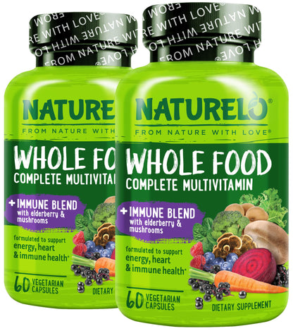 NATURELO Whole Food Multivitamin + Immune Blend with Elderberry & Mushrooms - Complete Multivitamin with Extra Immune Support - C, D3, Zinc, Elderberry, Reishi, Shitake - 60 Vegan Capsules