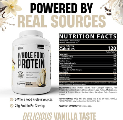 Whole Food Protein Powder - 25g Protein per Scoop, Lactose Free Protein with Beef Isolate, Collagen, Pea, Brown Rice, Chicken & Egg Protein, 0G Sugar, Keto Friendly, Vanilla Milkshake 63 Serv