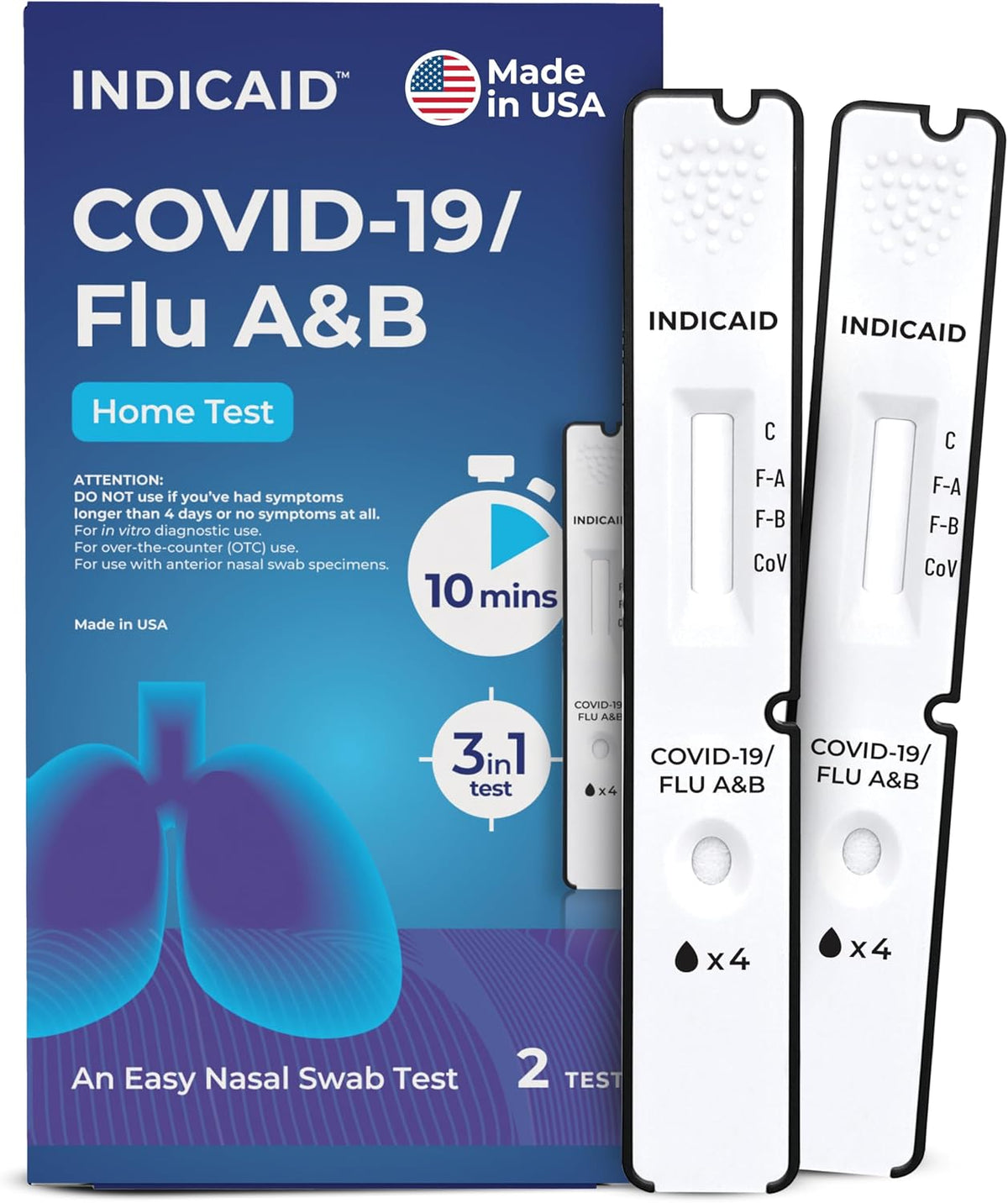 INDICAID COVID-19/Flu A&B 3-in-1 Antigen Test, Covid Flu Test Combo Kit, Accurate Results in 10 Minutes, Made in USA, 2 Tests Easy to Use at Home, School, Working Place, FSA/HSA Eligible | Covid Flu Home Test,