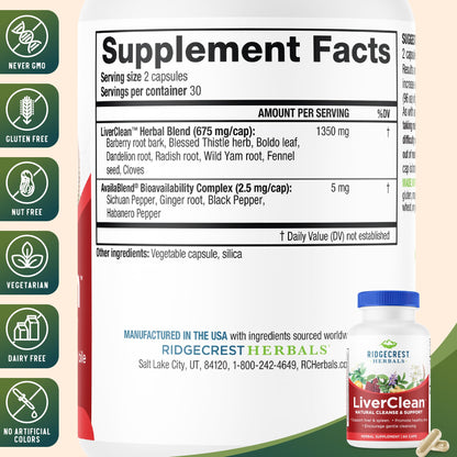 Ridgecrest Herbals LiverClean, Herbal Liver Support Supplement, Blessed Thistle, Dandelion, Detox, Cleanse Support, Healthy Bile (60 Caps, 30 Serv)