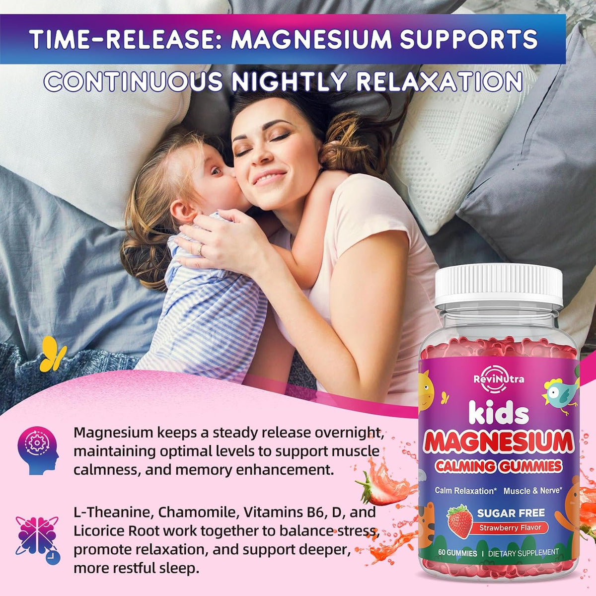 2 Pack Magnesium Glycinate Gummies for Kids & Adults Stawberry & Raspberry Flavor