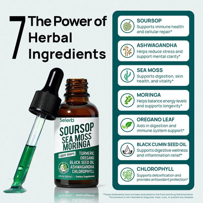 Soursop Bitters Liquid Soursop Drops with Sea Moss, Moringa, Turmeric, Black Seed Oil, Oregano, Ashwagandha & Chlorophyll High Absorption for Gut & Digestive Health, Immune & Antioxidant | 2 Fl Oz