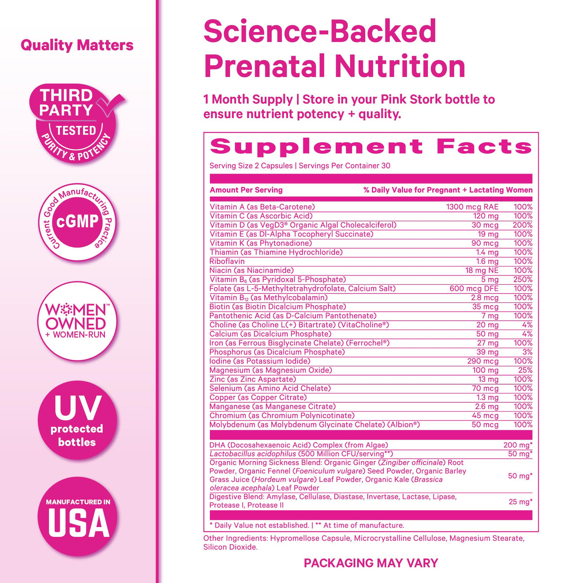 Pink Stork Premium Prenatal Vitamins for Women, 60 Count | No Fishy Burps, Methylated Folate, Choline, Vegan Algae DHA, Iron, Doctor-Formulated, Organic Whole-Foods, Probiotic