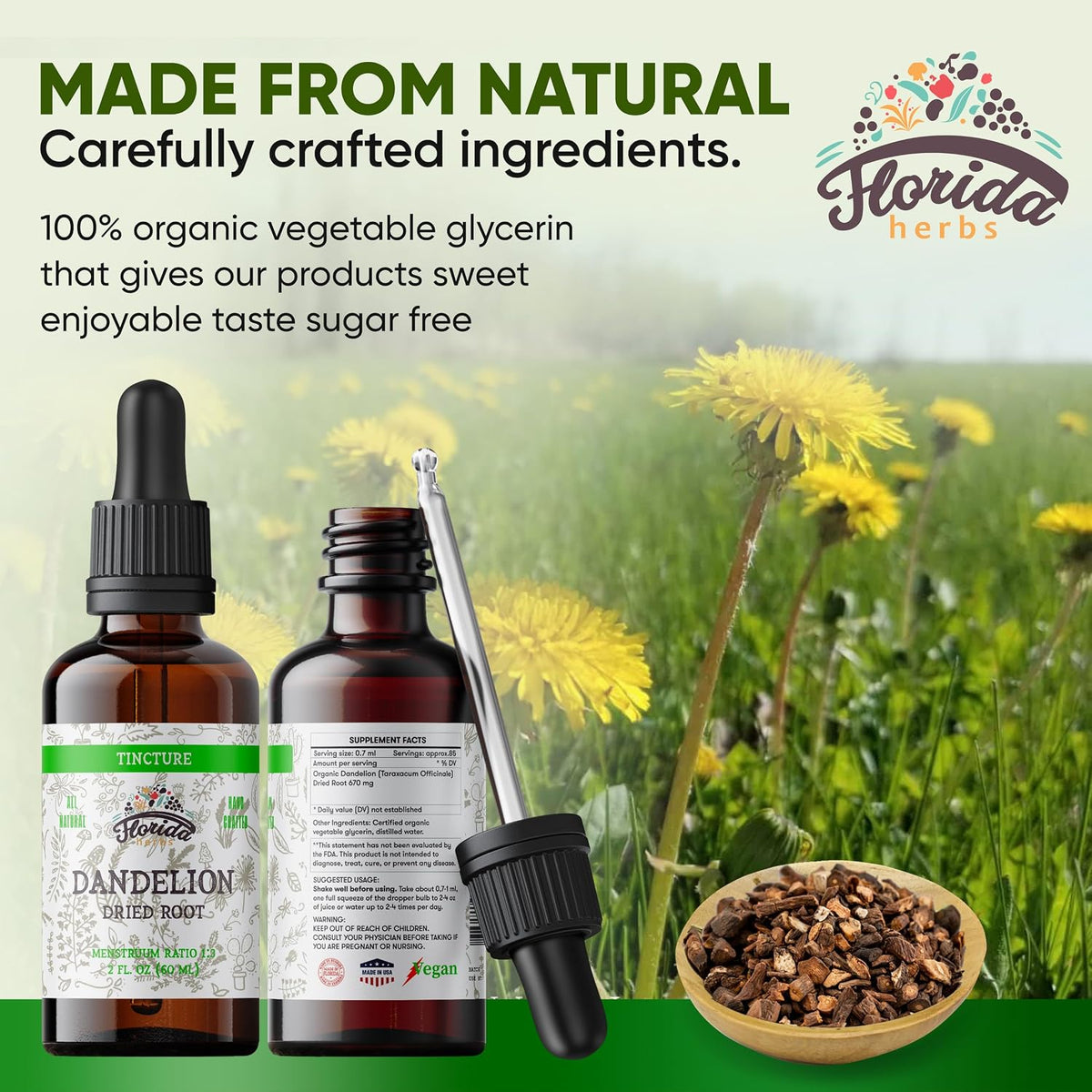 Dandelion Root Tincture Organic Dandelion Extract (Taraxacum Officinale) Health Supplement, Non-GMO in Cold-Pressed Organic Vegetable Glycerin 2 oz, 685 mg