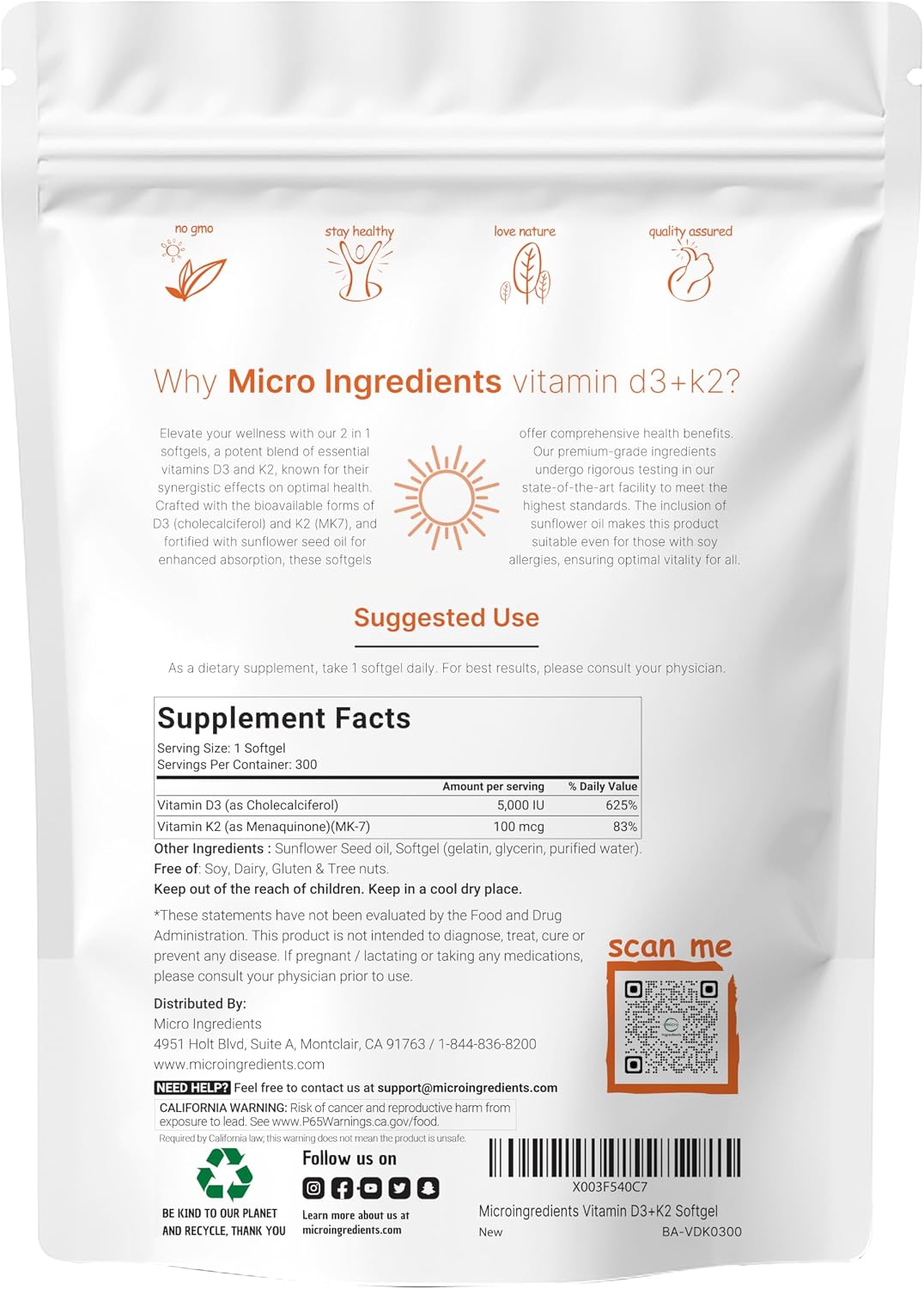 Micro Ingredients Vitamin D3 + K2 MK-7 5,000 IU Per Serving, 300 Softgels | K2 100 mcg Per Serving, D3 & K2 Vitamin Supplement for Women & Men. Easy-to-Swallow, Non-GMO, Gluten Free.