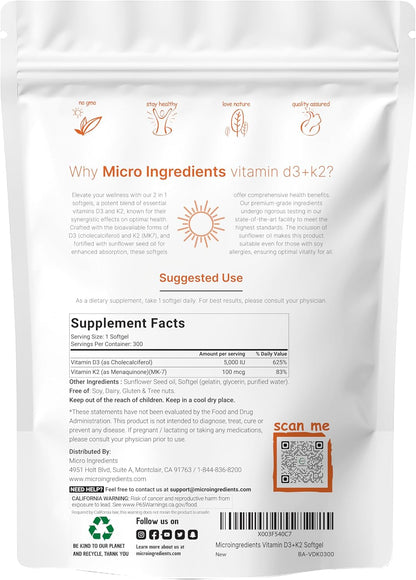 Micro Ingredients Vitamin D3 + K2 MK-7 5,000 IU Per Serving, 300 Softgels | K2 100 mcg Per Serving, D3 & K2 Vitamin Supplement for Women & Men. Easy-to-Swallow, Non-GMO, Gluten Free.