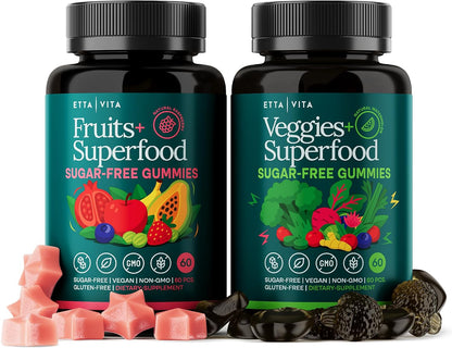 Sugar-Free Fruits and Veggies Gummies with Vitamins & Minerals (120 Chews) | Nutrient rich super greens gummies as digestive & probiotic blend for antioxidant & energy support, vegan, gluten-free, USA