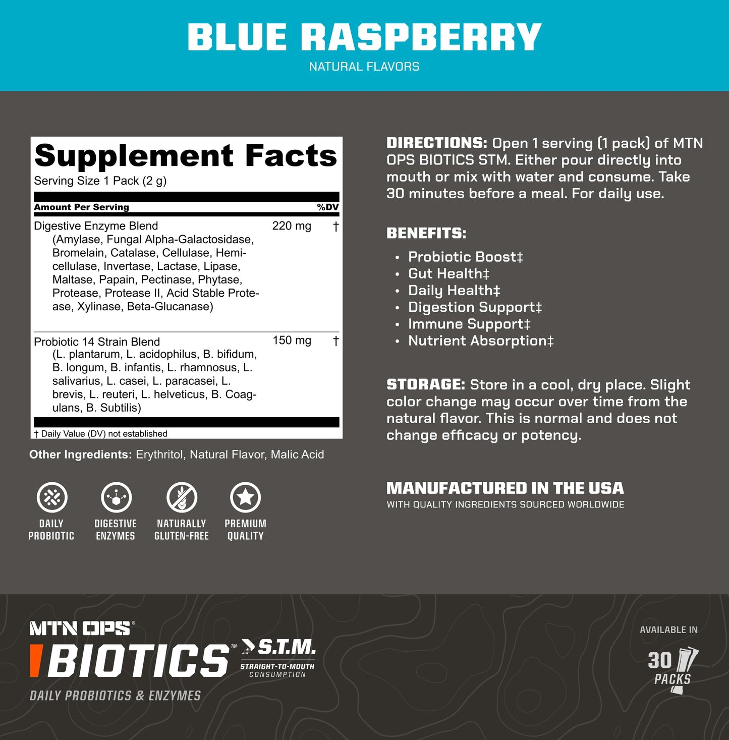 MTN OPS Biotics STM On‑the‑Go Probiotic Supplement for Gut Health, Digestion & Immune Support – Sugar‑Free, Natural Flavors Variety Pack, 30 Servings – Fast, Convenient Daily Gut Health Formula