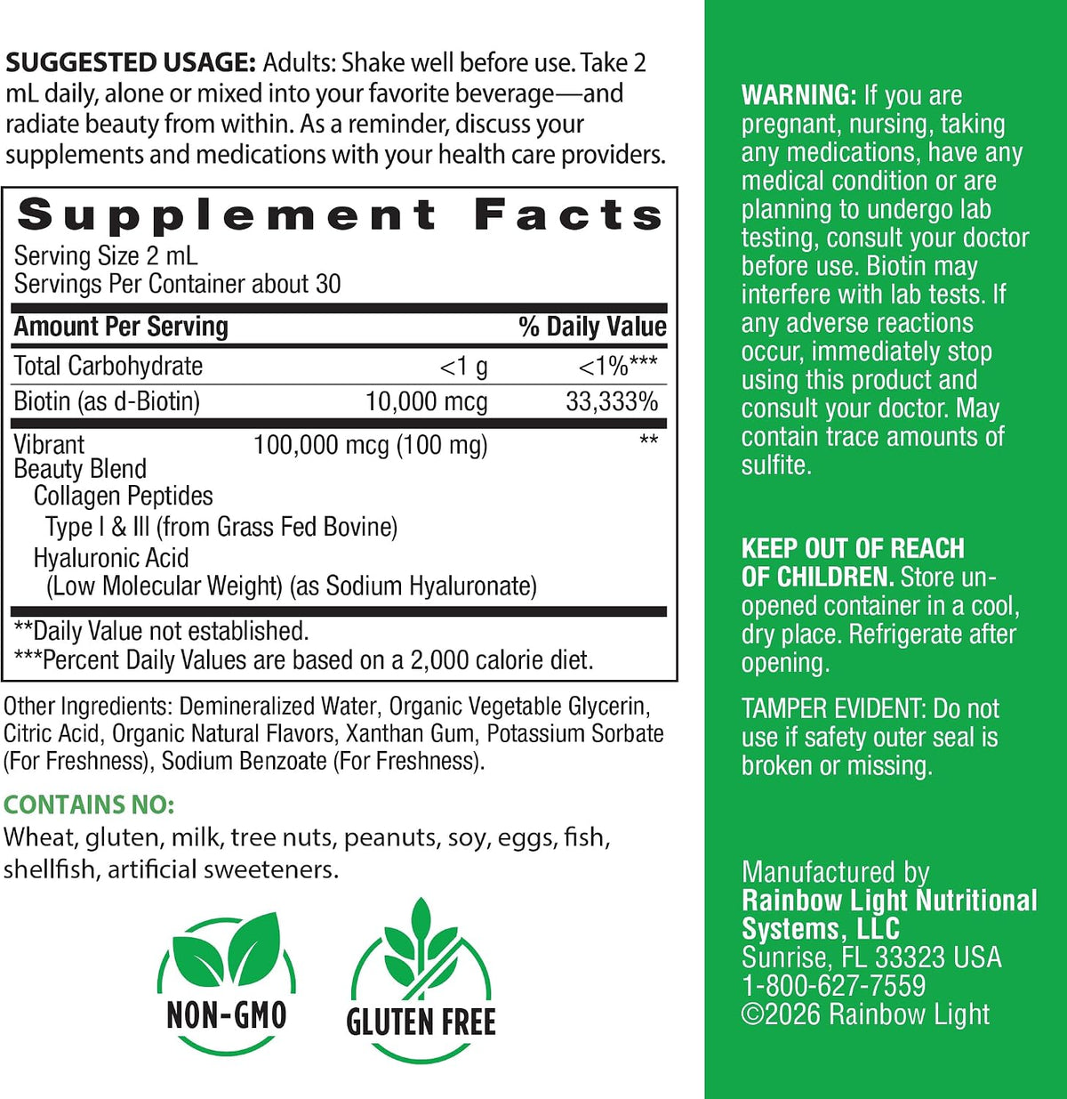 Rainbow Light Biotin, Collagen + Hyaluronic Acid Supplement | 110,000 mcg | Vanilla Citrus Flavor | Types I & III Collagen Peptides | For Men and Women