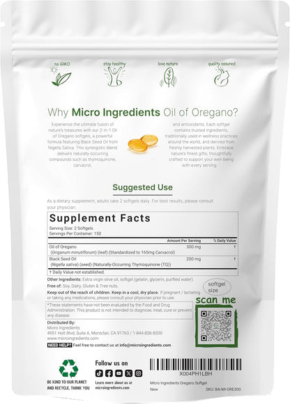 Micro Ingredients Oil of Oregano Softgels & Mega Probiotics 200 Billion CFU Veggie Capsules | 2 Pack Bundle | 4X Strength Thymoquinone + Black Seed | 40 Strains + Inulin, Acacia,& Bromelain