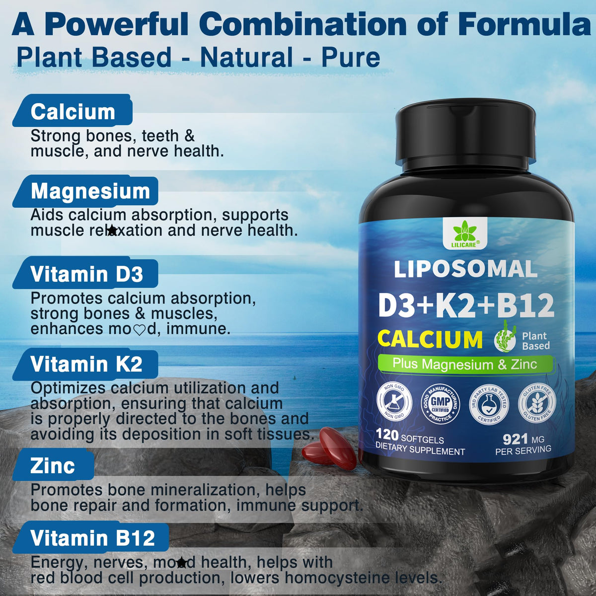 6-in-1 Plant Based Calcium Supplements for Women Men- Calcium 600mg w/ D3 K2 5000 IU Vitamin, Liposomal & Algae Ca-lcium Magnesium Zinc + Vegan Vitamin D 5000 IU + K2 MK7 + Methyl B12 for Bone, 1 Pack