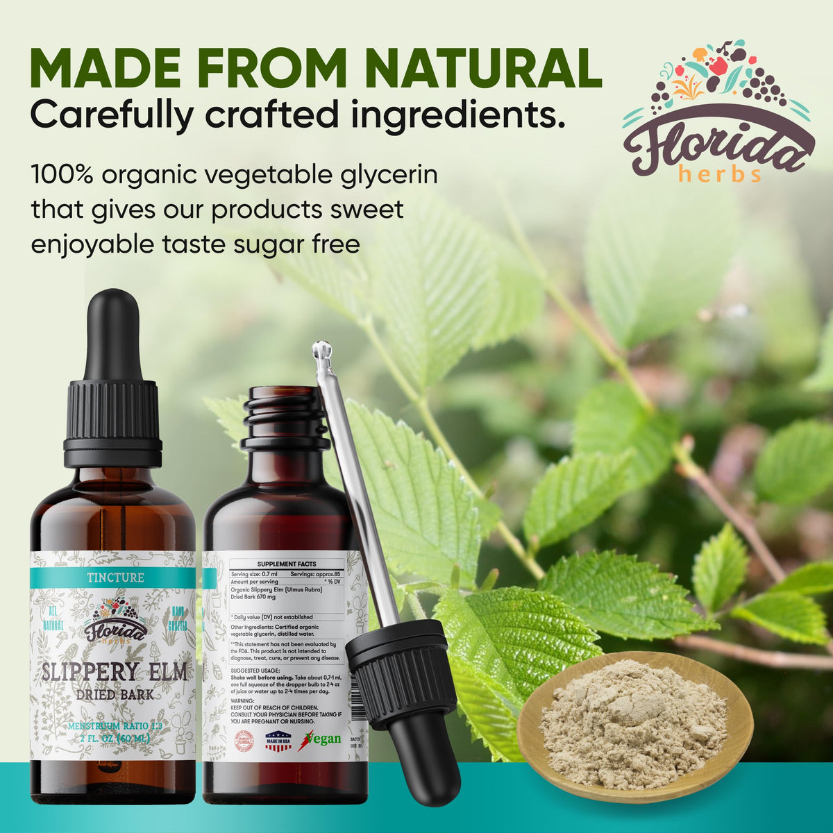Slippery Elm Tincture 2 oz (60 ml) | Premium Alcohol-Free Herbal Extract from Ulmus Rubra | Liquid Botanical Supplement | Traditional Soothing Mucilage Formula | Made in USA