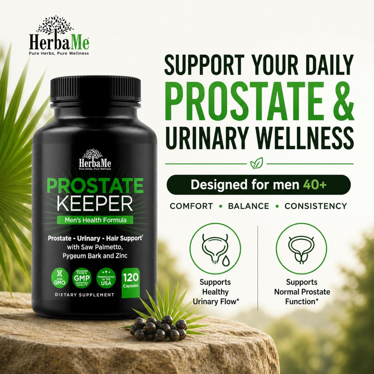 HerbaMe Prostate Support Supplement for Men with Saw Palmetto, Pygeum Bark & Zinc – Supports Healthy Urinary Flow, Bladder Comfort & Prostate Function, Daily Men’s Wellness Formula, 120 Capsules