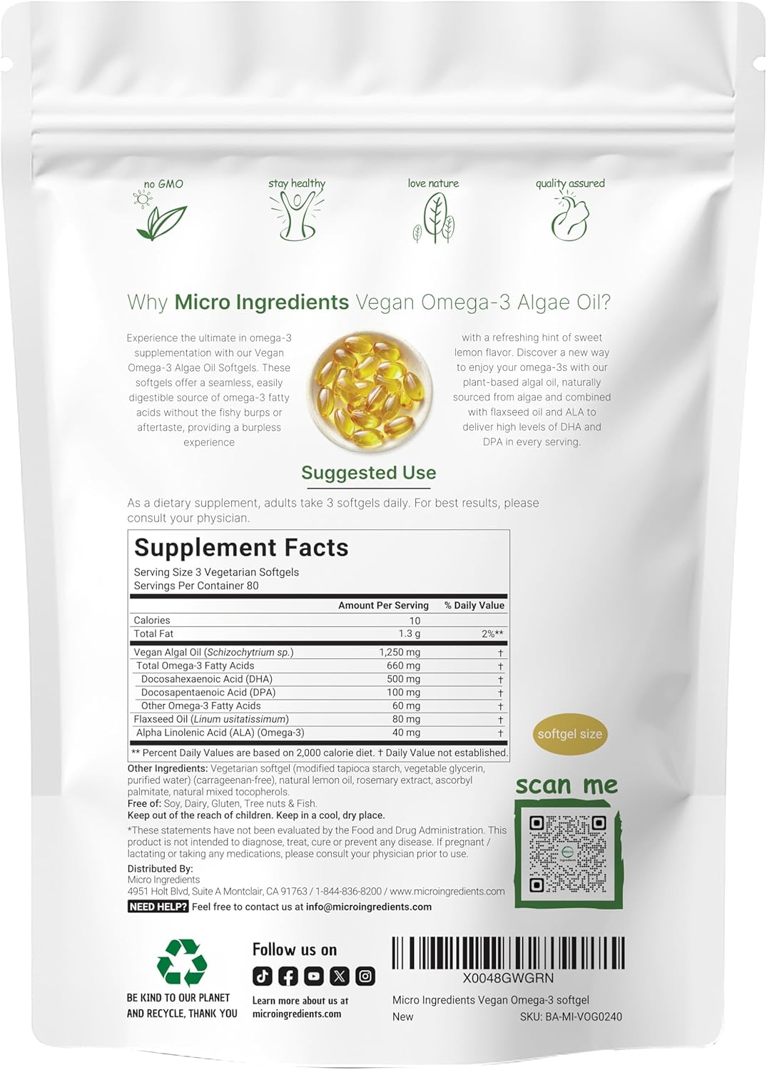 Micro Ingredients Multi Collagen Complex & Vegan Omega 3 Algae Oil Supplement Bundle 2 Pack | Grass-Fed Collagen Peptides | Omega-3 Full Spectrum Alternative to Fish Oil