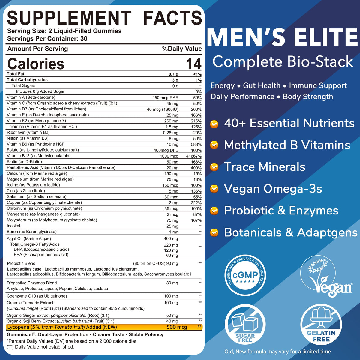 Mens Multivitamins Gummies, Methylated Multivitamin for Men, B Complex, Minerals, Vegan Omega 3, Probiotic, Enzyme, Antioxidants for Men's Complete Daily Support, Sugar Free, Vegan (No Iron) 60 Counts
