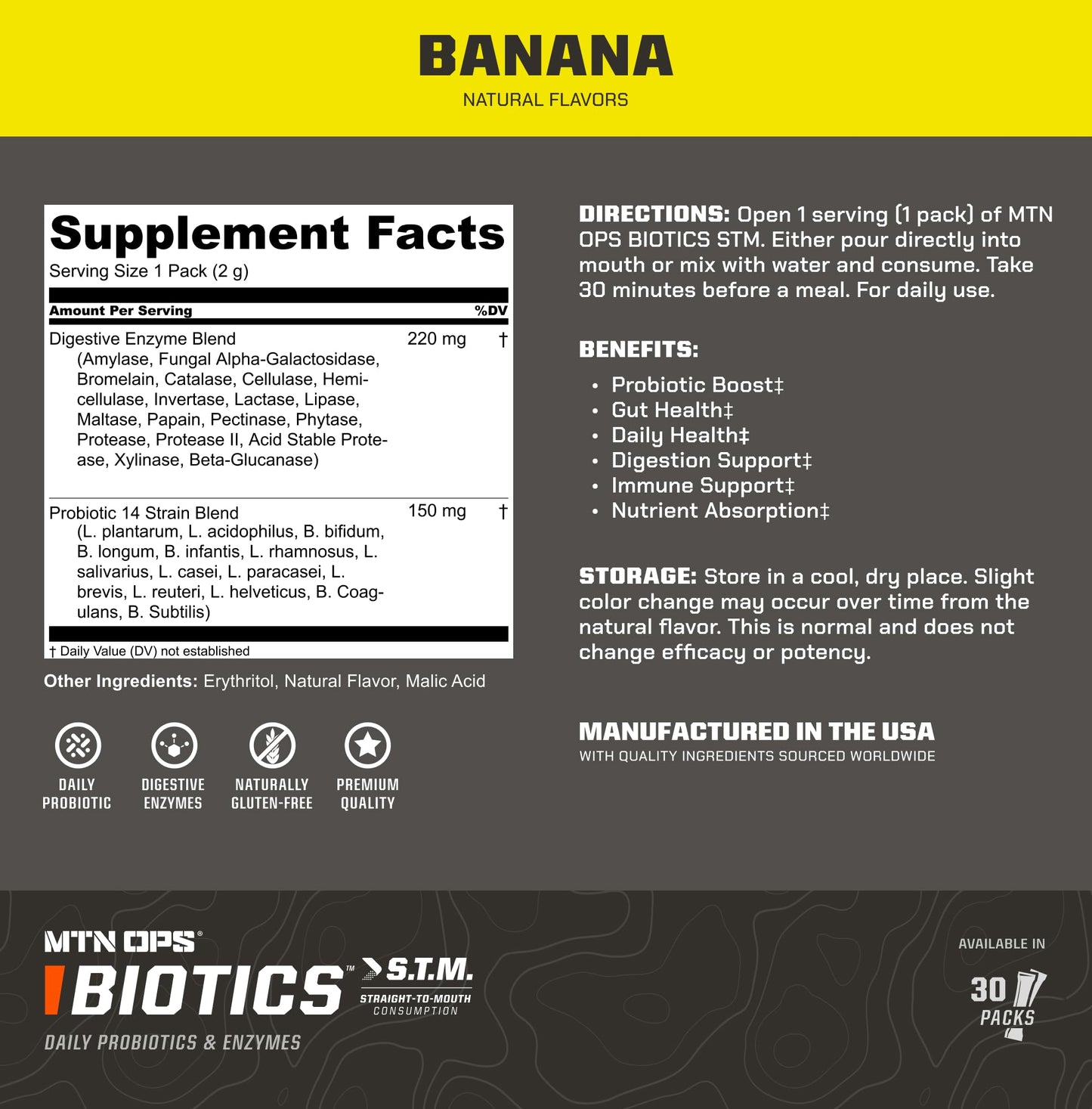 MTN OPS Biotics STM On‑the‑Go Probiotic Supplement for Gut Health, Digestion & Immune Support – Sugar‑Free, Natural Flavors Variety Pack, 30 Servings – Fast, Convenient Daily Gut Health Formula