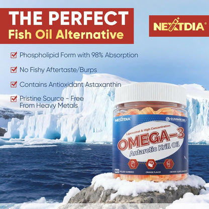 Liposomal Antarctic Krill Oil Omega 3 Gummies 2000mg - Cellular Level Absorption Omega-3 with EPA, DHA & Astaxanthin - Antioxidant & Brain Support - Fish Oil Supplements Alternative - 60 Count