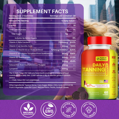 MEGNETA Tanning Gummies for Women Men - Sunless Glow Tanning Supplement with Astaxanthin, Beta Carotene, Lycopene, Zinc & Vitamins C D E, Sunless Tan Booster, Skin Hydration & Glow (Purple)
