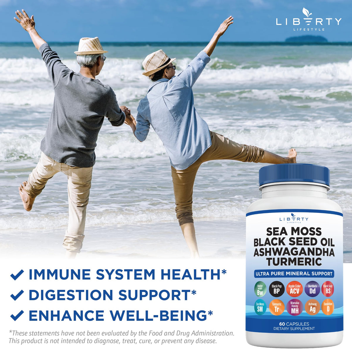 Liberty Lifestyle Sea Moss Black Seed Oil Ashwagandha Turmeric Bladderwrack Burdock - with Manuka, Honey Dandelion, ACV Black Pepper Gluten Free - 2-Pack