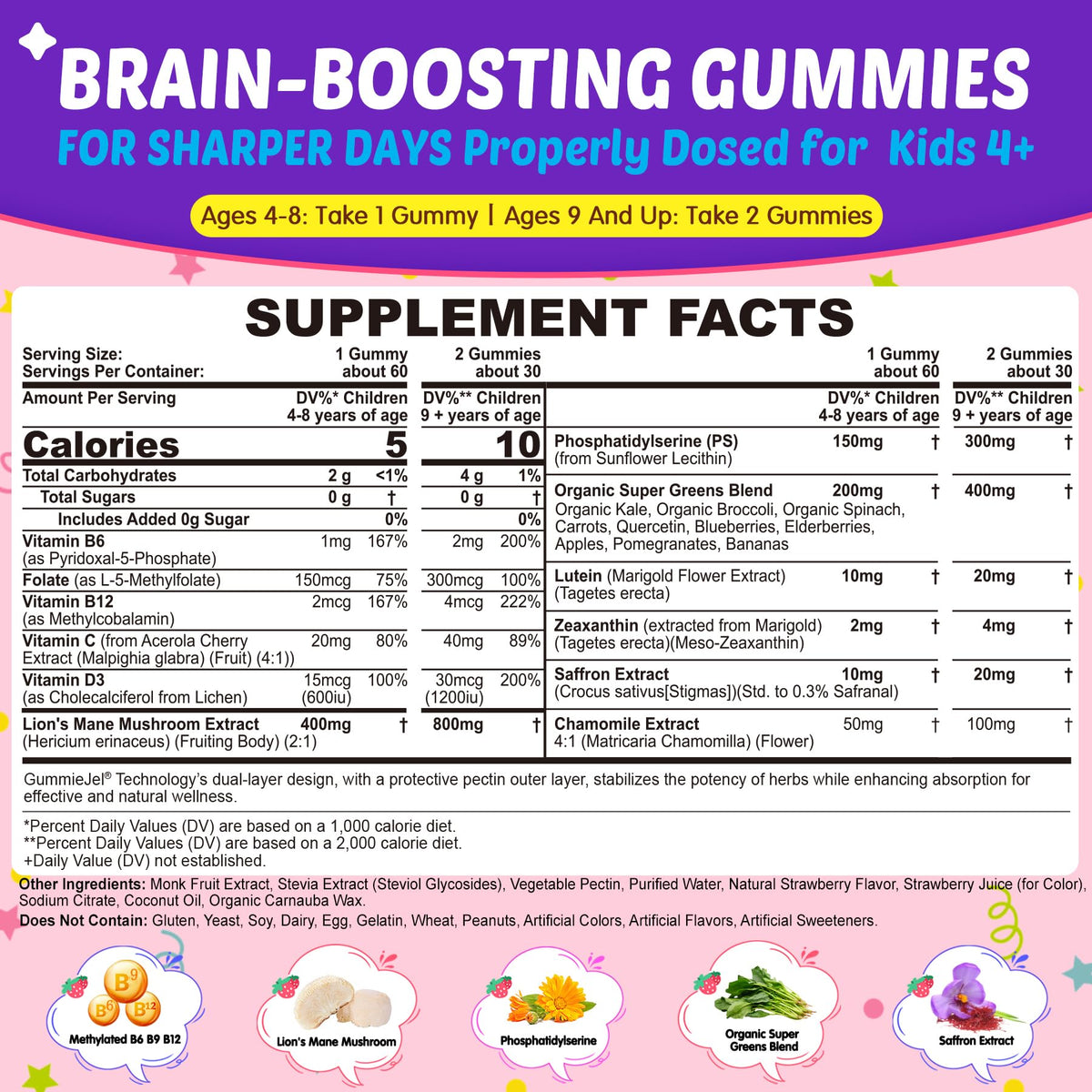 Kids Brain Gummies, Focus Supplement w/Lions Mane Mushroom, Phosphatidylserine, B6, Methyl B12 & B9, Saffron, Brain Vitamins for Focus & Attention, Cognitive, Vision, Energy, Sugar Free, Vegan, 60 Ct