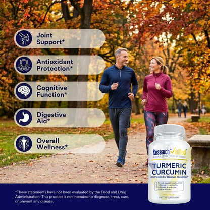 Research Verified Turmeric Curcumin Supplement with Black Pepper (BioPerine) - High Potency Curcumin - Antioxidant, Joints & Daily Wellness - 60 Vegan Turmeric Capsules - Made in USA - 1 Month Supply