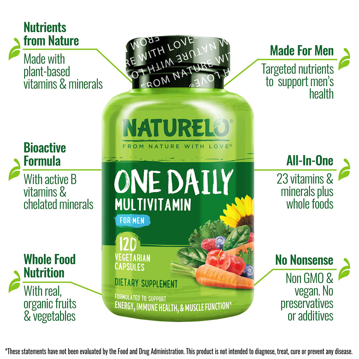 NATURELO Mens Multivitamins - One Daily Multivitamin for Men with Vitamins, Minerals & Organic Whole Foods, Boost Energy & Health, Non-GMO, 120 Vegetarian Capsules
