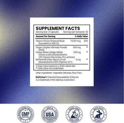 Research Verified Vertigo Defense - Soothe Symptoms and Support Inner Ear Balance - Vitamin D3, Ginger, Ginkgo Biloba, BioPerine - 60 Capsules