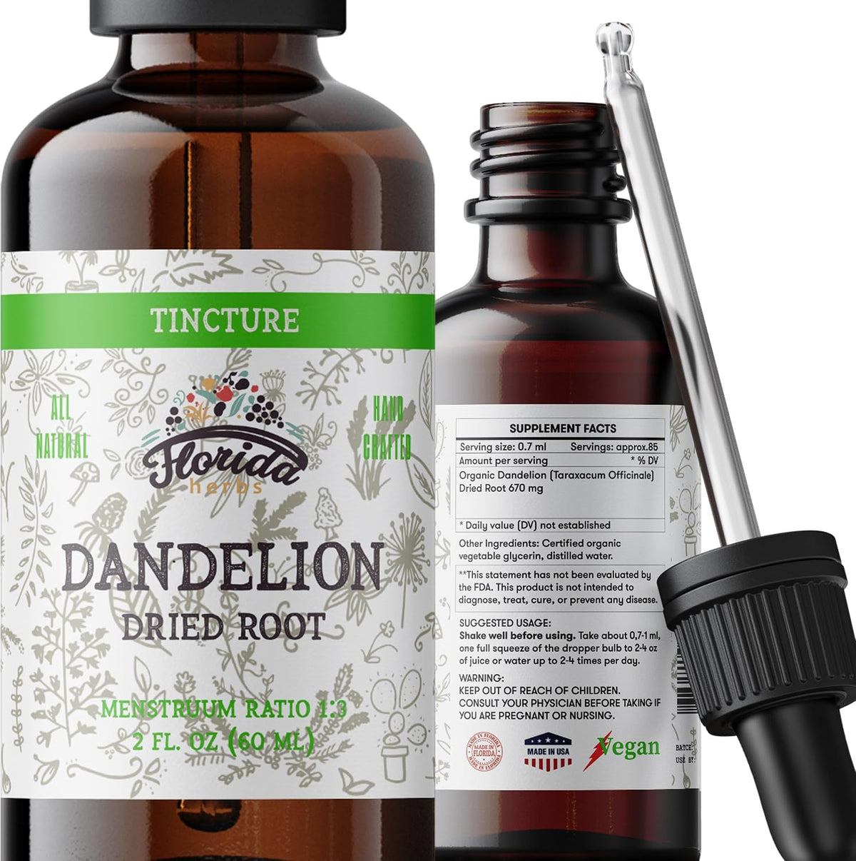 Dandelion Root Tincture Organic Dandelion Extract (Taraxacum Officinale) Health Supplement, Non-GMO in Cold-Pressed Organic Vegetable Glycerin 2 oz, 685 mg