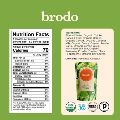 Brodo Ready to Drink Organic Chicken Collagen Rich Bone Broth (6 X 8 oz) | Organic Bone Broth with Collagen, Protein Soup & Sipping Broth for Healthy Meal Prep, Soups and Bone Broth Packets