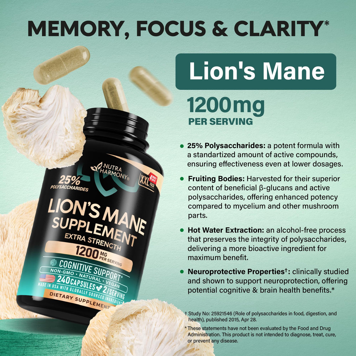 Lions Mane Supplement Capsules - for women & Men - Organic Lions Mane - Fruiting Bodies Extract - 1200 mg, 25% Polysaccharides - Memory & Focus Support - As Lions Powder - 120 Capsules, 2 Month Supply