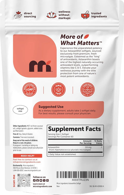 Micro Ingredients Astaxanthin 24mg Per Serving with MCT Oil, 60 Softgels | 2 Month Supply. Natural Microalgae Sourced Astaxanthin Supplement. Easy-to-Swallow. Non-GMO, Gluten Free, Soy Free.
