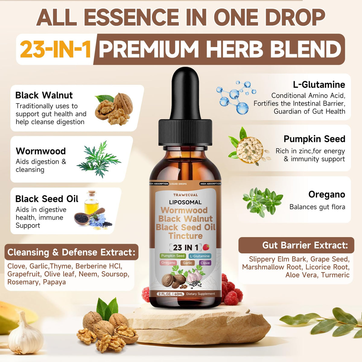 Wormwood Black Walnut Clove Cleanse Drops with Black Seed Oil, Pumpkin Seed, Oregano, Soursop, Neem, Berberine, Garlic, Rapid Gut Detox, Digestive & Gut Barrier Health, 23-in-1 with Liposomal, 2FL