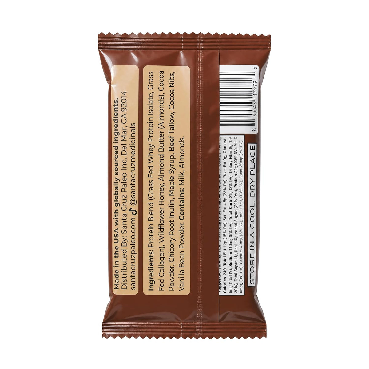 Santa Cruz Paleo Protein Bar – 20g Grass-Fed Whey & Collagen Protein – Wildflower Honey Sweetened, No Seed Oils, High Protein Snack Bar (Chocolate Flavor, Pack of 10)