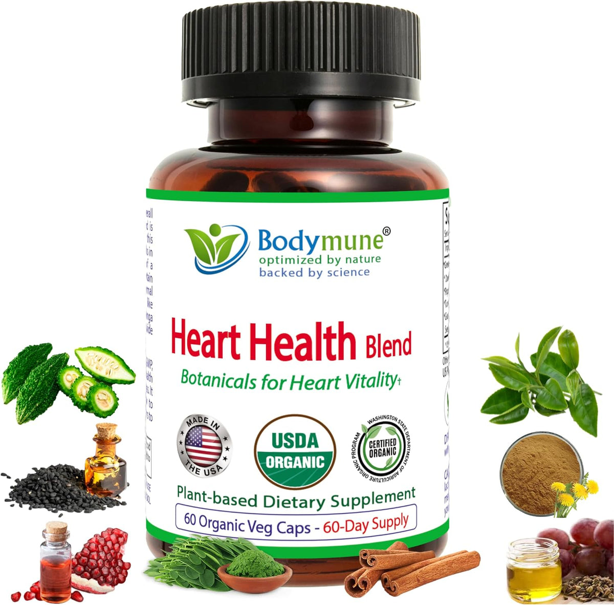 Bodymune Heart Health Blend Cholesterol Support – Organic Cardiovascular & Circulation Supplement – with Green Tea, Pomegranate & Black Seed Oil – 30Capsules – USDA Organic, Vegan