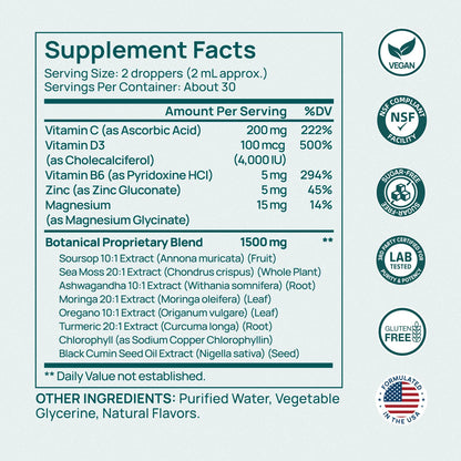 Soursop Bitters Liquid Soursop Drops with Sea Moss, Moringa, Turmeric, Black Seed Oil, Oregano, Ashwagandha & Chlorophyll High Absorption for Gut & Digestive Health, Immune & Antioxidant | 2 Fl Oz