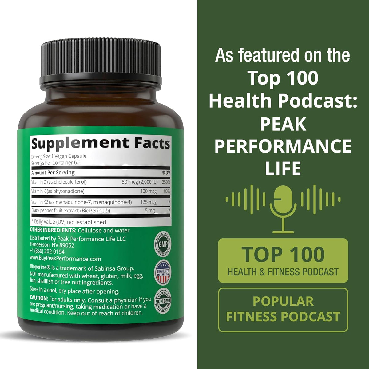 Peak Performance Advanced Vitamin D 2000 IU with All 3 Types of Vitamin K Vitamin D3 and Vitamin K2, K1, MK-7 (MK7), MK4 Supplements - 60 Small and Easy to Swallow Vegetable Capsules