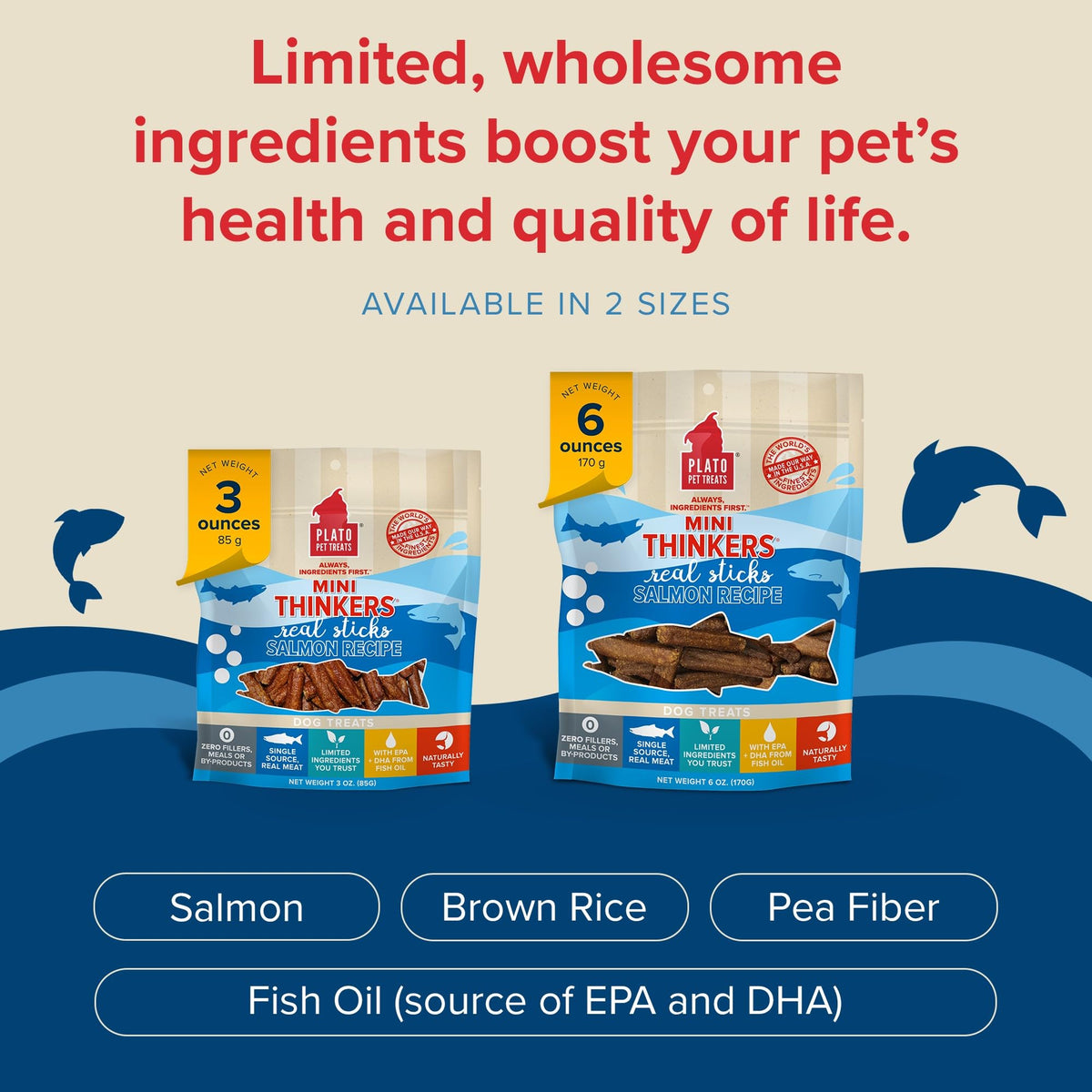 Plato Meat Sticks Salmon Dog Treats, Air-Dried High-Protein Soft Chews with Omega Fish Oil (EPA & DHA), 10 oz