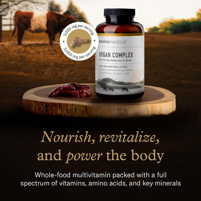 Enviromedica Grass-Fed Beef Organ Complex, Freeze-Dried, 180 Count | Freeze-dried beef liver, kidney, heart & pancreas. Whole-food multi-organ supplement. Pasture-raised. 180 capsules.